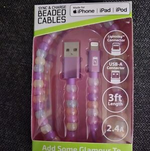 Glitz & Glam Beaded Charging Cable 3ft Iphone Ipad Ipod USB-A connector Hp🔥🔥